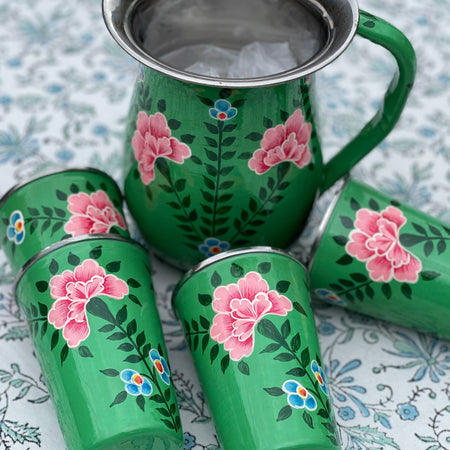 Floral Enamel Hand Painted Pitcher  - Green