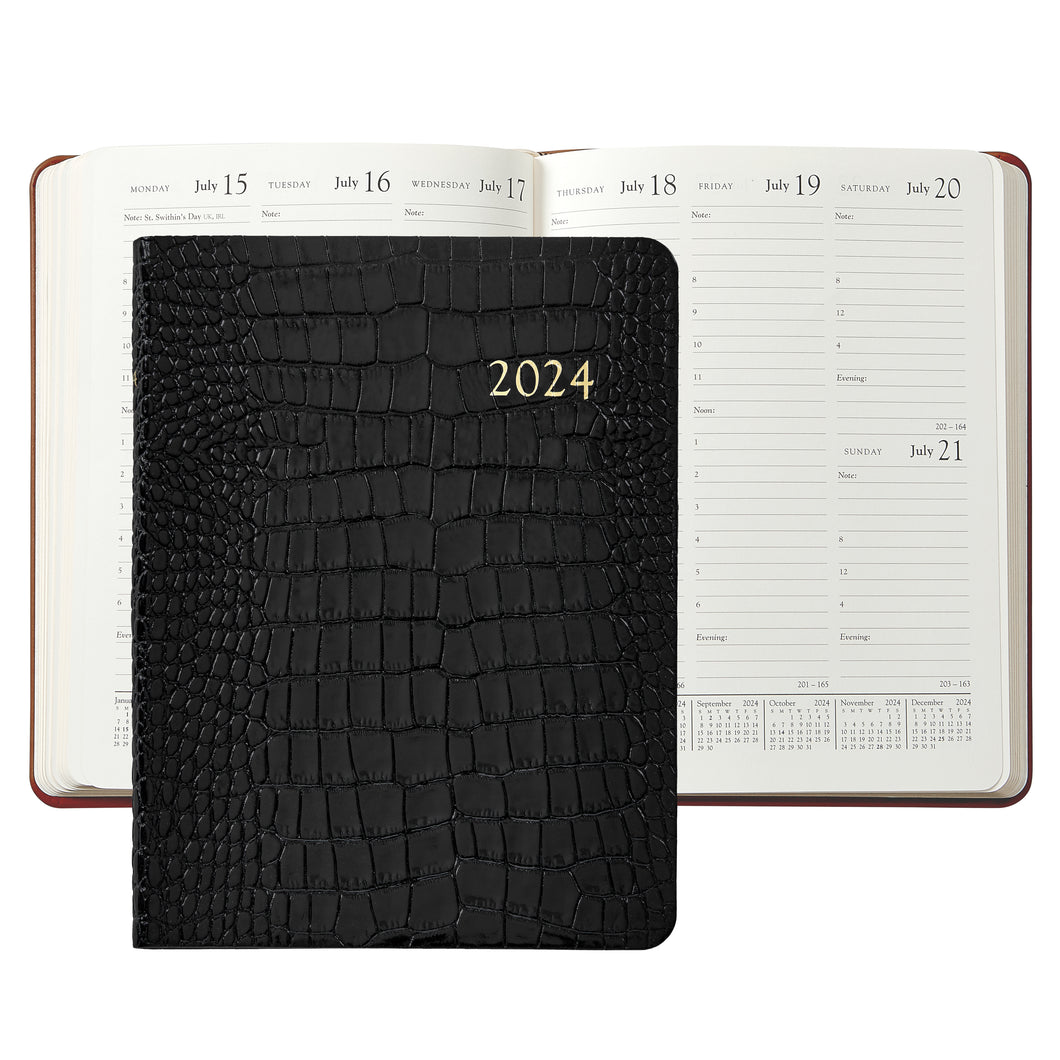2024 Desk Diary Black Crocodile Print Leather