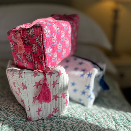 Star Handblock Quilted Washbag - Pink
