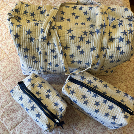 Star Handblock Quilted Washbag - Blue