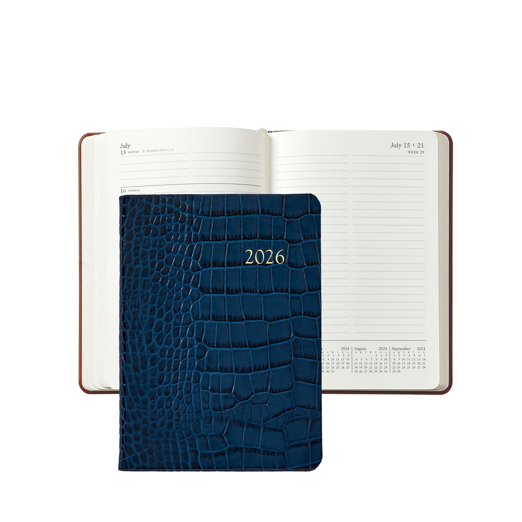 PRE-ORDER 2026 Notebook Diary Navy Crocodile Print Leather