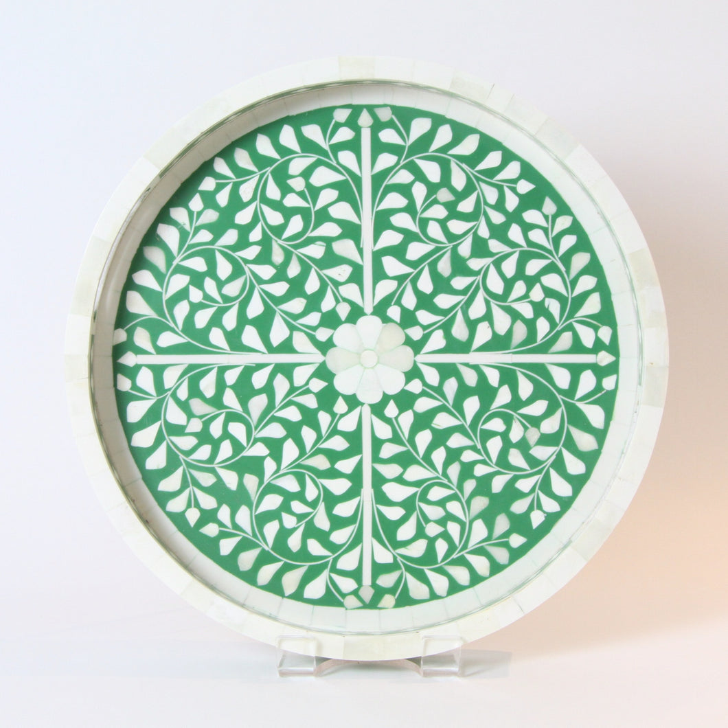 Inlay Floral Round Tray - Green