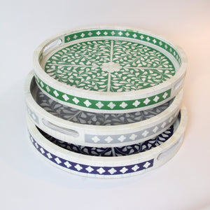 Inlay Floral Round Tray - Green