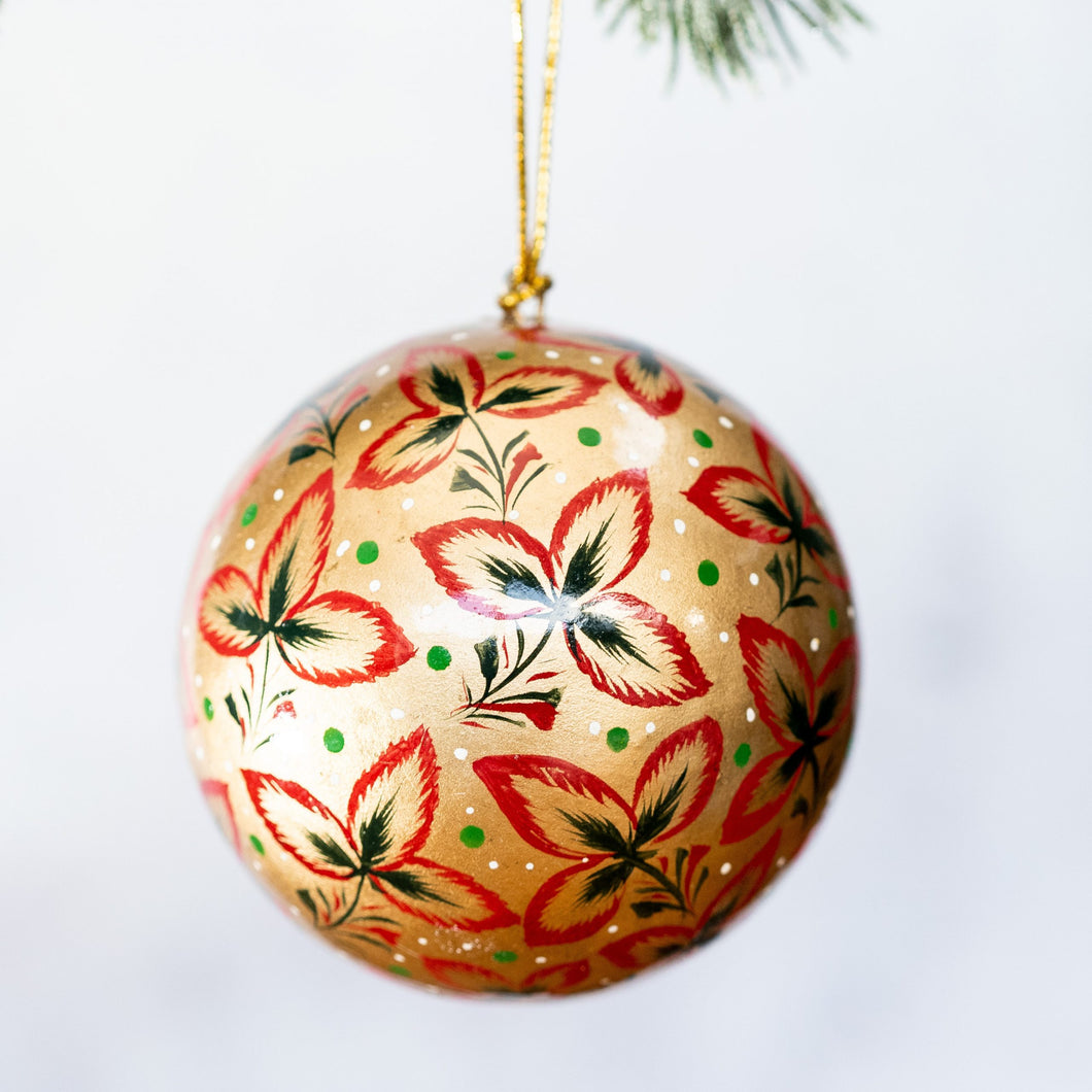Large Gold with Red Tri Leaf Hand-painted Bauble