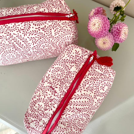 Pink Leaves Handblock Quilted Washbag